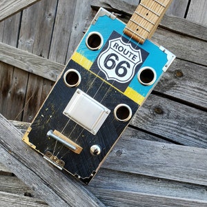 Route 66 black & blue Cigar Box Guitar