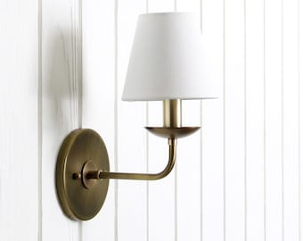 Hollis Wall Sconce -- traditional minimal linen shade curved arm wall light lamp fixture