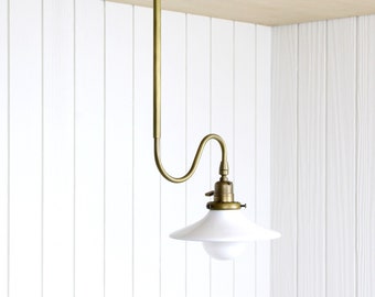 Ondu Pendant Lamp -- brass undulating curved arm hanging light fixture ceiling lamp glass shade