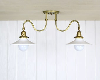 Ondu Dual Flush Mount -- brass undulating curved arm light fixture ceiling lamp flushmount glass shade
