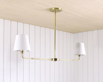 Concord 2-Arm Chandelier -- traditional linen shade curved arm hanging pendant ceiling light lamp fixture
