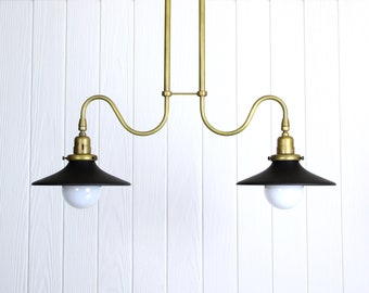 Ondu Dual Pendant Lamp -- brass undulating curved arm hanging light fixture ceiling lamp glass shade