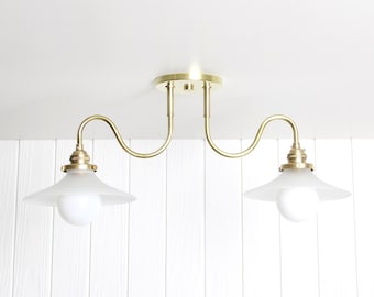 Ondu Dual Flush Mount -- brass undulating curved arm light fixture ceiling lamp flushmount glass shade