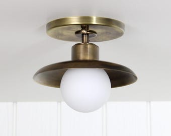 Muir Flush Mount -- transitional industrial glass globe brass ceiling light lamp fixture