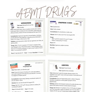 Op de afbeelding: Een set van 14 kleurrijke medicijnkaarten met illustraties en informatie over veelvoorkomende medicijnen die worden gebruikt door ambulancepersoneel. De kaarten bevatten informatie over de klasse van het medicijn, de werking, contra-indicaties, indicaties, dosering, toedieningsweg, bijwerkingen en het maximale effect.