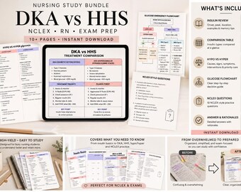 Może przedstawiać: Zestaw do nauki pielęgniarstwa dla DKA vs HHS, NCLEX i przygotowania do egzaminu. Zawiera ponad 10 stron materiałów do nauki do natychmiastowego pobrania. Zawiera tablet z porównaniami leczenia, schematami blokowymi i pytaniami praktycznymi.