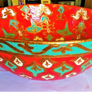 Indian hand painted ceramic coral and gold sink | 11&quot; round | countertop or partially recessed