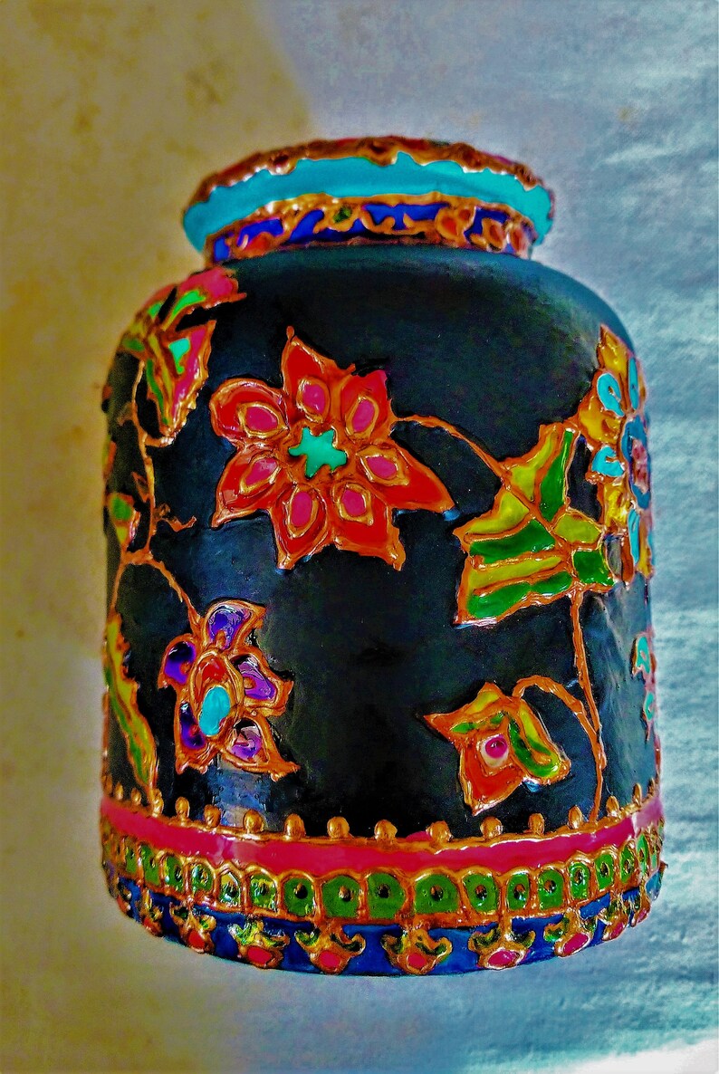 Hand Painted Ceramic Jar With Lid Mughal Floral Design Moroccan Henna