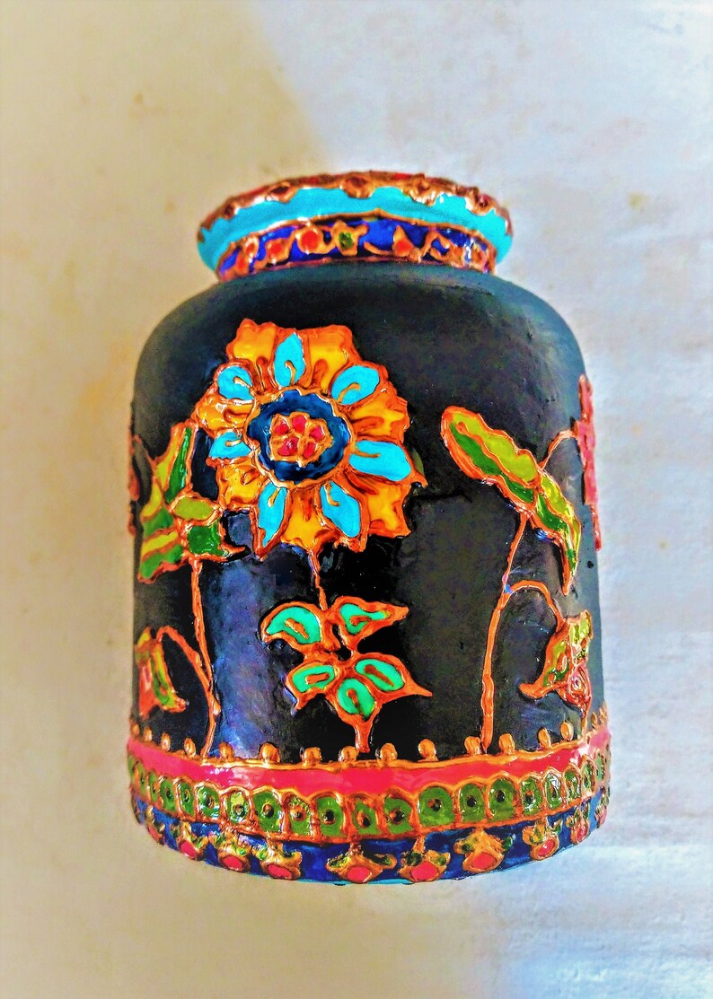Hand Painted Ceramic Jar With Lid Mughal Floral Design Moroccan Henna