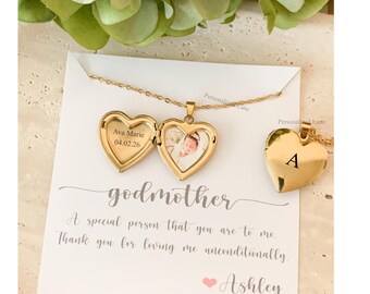 Collar con medallón personalizado en forma de corazón de oro para fotos: Regalo del Día de la Madre para la madrina con nombre y foto personalizados.