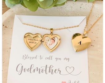 Collar con medallón personalizado en forma de corazón de oro para fotos: Regalo del Día de la Madre para la madrina con nombre y foto personalizados.
