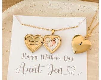 Collar con medallón personalizado en forma de corazón de oro, regalo para tía con nombre y foto personalizados.