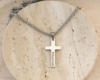 Collar con cruz y nombre personalizado, regalo para él, collar de padrino, plata, acero inoxidable.