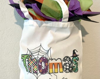 Custom Personalized Name Halloween Party Tote Trick or Treat Bag