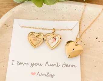 Personalized Gold Heart Photo Locket Necklace, Gift for Aunt Custom Name Picture
