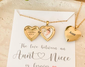Personalized Gold Heart Photo Locket Necklace, Gift for Aunt Custom Name Picture