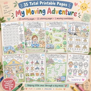 Könnte beinhalten: Ein Set aus 35 druckbaren Aktivitätsseiten mit dem Titel My Moving Adventure, mit bunten Illustrationen von Häusern, Umzugswagen und Kindern. Enthält einen Umzugs-Countdown, eine Schnitzeljagd, ein Labyrinth und Blätter zur Gefühlsanalyse.