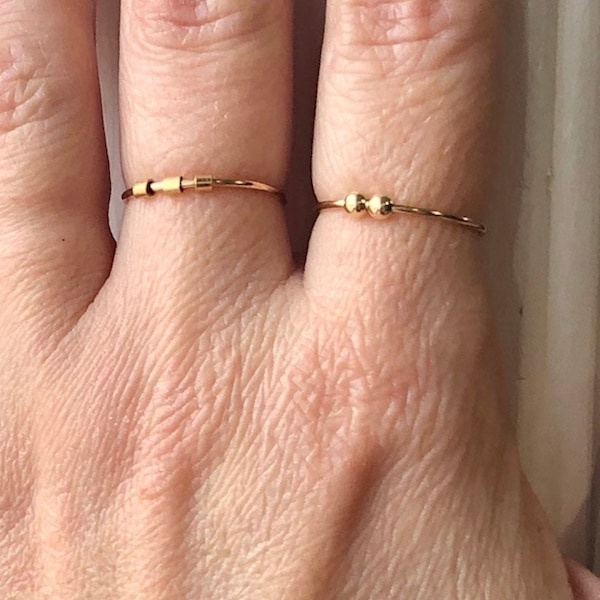 Dainty Gold Tube Bead Fidget Ring, Womens Stacking Spinner Ring for Self Care, Minimalist Worry Band for Anxiety Relief