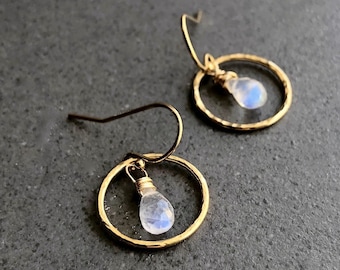 Dainty Moonstone Earrings, Gold Hoop Earrings, June Birthstone Jewelry, Gemstone Natural Crystal Jewelry