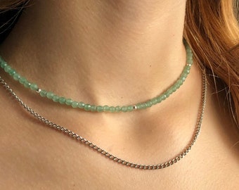 Green Aventurine Necklace, Healing Crystal Necklace, Adjustable Gemstone Necklace, Dainty Beaded Choker, Heart Chakra, Gold or Silver