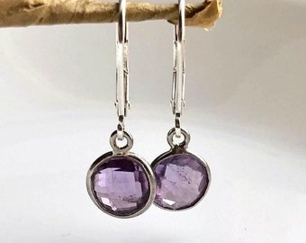 Amethyst Earrings, February Birthstone Jewelry, Sterling Silver Gemstone Drop Earrings, Womens Simple Dangle Crystal Earrings