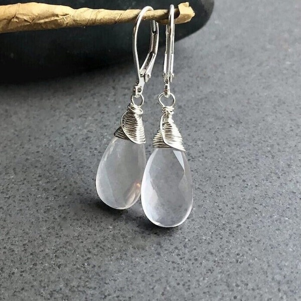 Rose Quartz Earrings, Gemstone Teardrop Dangle Earrings, Leverback Drop Earrings, Wire Wrapped Healing Crystal Jewelry