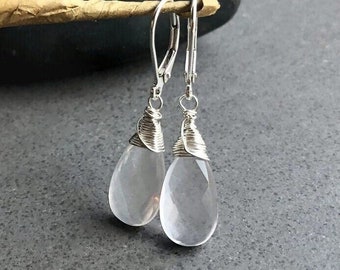 Rose Quartz Earrings, Gemstone Teardrop Dangle Earrings, Leverback Drop Earrings, Wire Wrapped Healing Crystal Jewelry