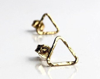 Gold Filled Hammered Triangle Earrings, Small Open Triangle Hoop Studs, Geometric Minimalist Everyday Jewelry