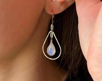 Handmade Rainbow Moonstone Dangle Earrings: 14K Gold Filled Boho Jewelry