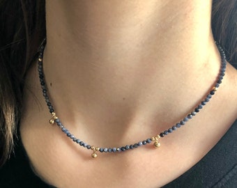 Raw Blue Sapphire Bead Necklace, September Birthstone Jewelry, Dainty Layering Necklace, Anniversary Gift for Her, Crystal Choker
