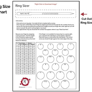 May include: Printable ring sizer chart with instructions on how to measure your finger size using a string. The chart includes a table with circumference and diameter measurements in inches, and a visual guide with circles representing different ring sizes.