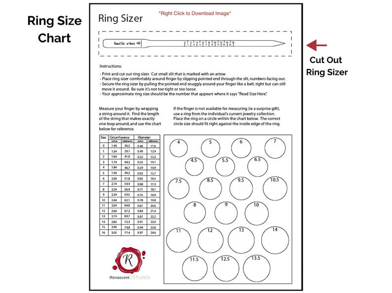 May include: Printable ring sizer chart with instructions on how to measure your finger size using a string. The chart includes a table with circumference and diameter measurements in inches, and a visual guide with circles representing different ring sizes.