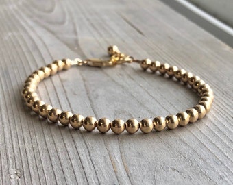 4mm Bead Gold Ball Bracelet, Minimalist Layering Beaded Bracelet, Adjustable Stacking Bracelet, Birthday Gift for Her