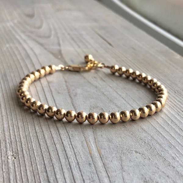 4mm Bead Gold Ball Bracelet, Minimalist Layering Beaded Bracelet, Adjustable Stacking Bracelet, Birthday Gift for Her