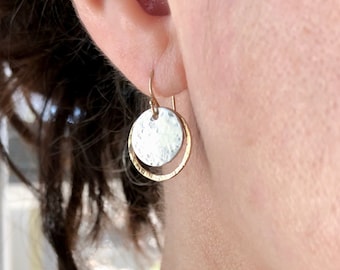 Gold and Silver Disc Circle Earrings, Hammered Mixed Metal Open Hoops, Lightweight Everyday Jewelry, Dangle Drop Earrings