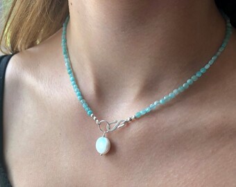 Genuine Amazonite Necklace, Freshwater Pearl Drop, Amazonite Beaded Choker, Gemstone Layering Necklace, Healing Crystal Jewelry