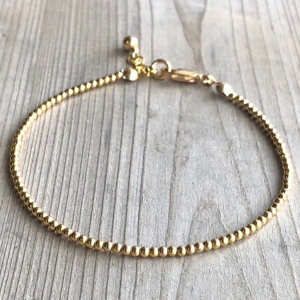 Tiny 2mm Bead Gold Stacking Bracelet, Minimalist Layering Bracelet, 14K Gold Filled Beaded Bracelet, Adjustable Bracelet for Women