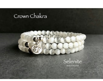 Genuine Selenite Stretch Bracelet, Crown Chakra Gemstone Jewelry, Healing Crystal Beaded Bracelet for Women
