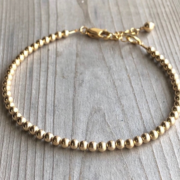 3mm kraal gouden bal armband met gesp, minimalistische gelaagdheid kralen armband, verstelbare stapelarmband, verjaardagscadeau, bruidsmeisje cadeau