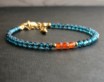 Genuine Blue London Topaz Bead Bracelet, Dainty Carnelian Crystal Stone Stacking Bracelet, Natural Healing Jewelry, December Birthstone