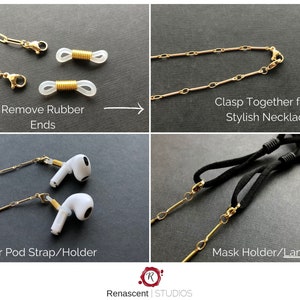 May include: Gold chain with rubber ends that can be removed to create a necklace, mask holder, or AirPod strap. The image shows the chain in three different configurations: as a necklace, as a mask holder, and as an AirPod strap.