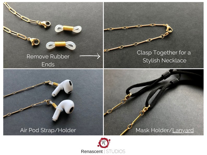 May include: Gold chain with rubber ends that can be removed to create a necklace, mask holder, or AirPod strap. The image shows the chain in three different configurations: as a necklace, as a mask holder, and as an AirPod strap.