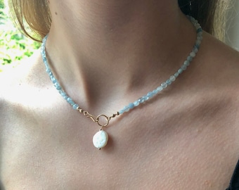 Genuine Aquamarine Necklace, Freshwater Pearl Drop Choker, March Birthstone Jewelry, Beaded Aquamarine Gemstone Crystal Jewelry