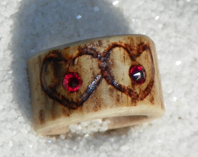 Antler Ring, Natural Whitetail Deer Antler Bone Ring W/Intertwined Hearts & Red Swarovski Crystals, Size Six, Statement Ring, Country Style