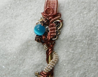Wire Wrapped Key Pendant, Antiqued Bronzed Key W/Colorful Wire Wrap & Blue Cats Eye Bead, Key To My Heart Gift For Her, Sterling Over Copper