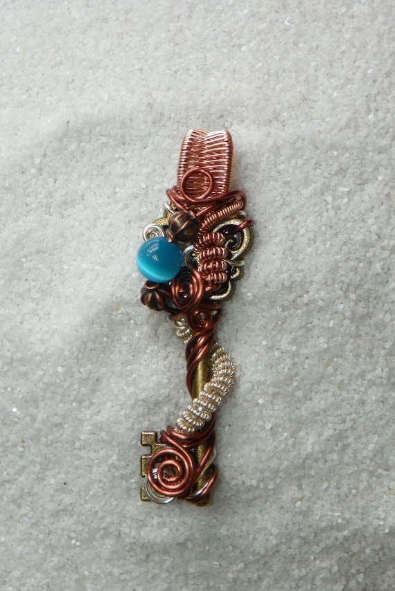 Wire Wrapped Key Pendant, Antiqued Bronzed Key W/Colorful Wire Wrap & Blue Cats Eye Bead, Key To My Heart Gift For Her, Sterling Over Copper