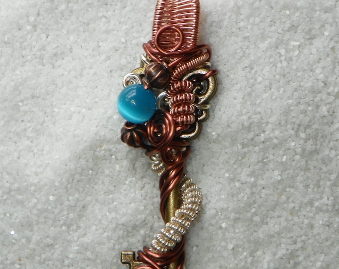 Wire Wrapped Key Pendant, Antiqued Bronzed Key W/Colorful Wire Wrap & Blue Cats Eye Bead, Key To My Heart Gift For Her, Sterling Over Copper