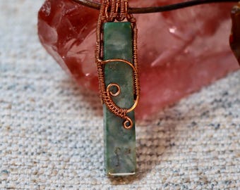 Wire Weave Jasper Mineral Stick Pendant on Adjustable Leather Cord Necklace