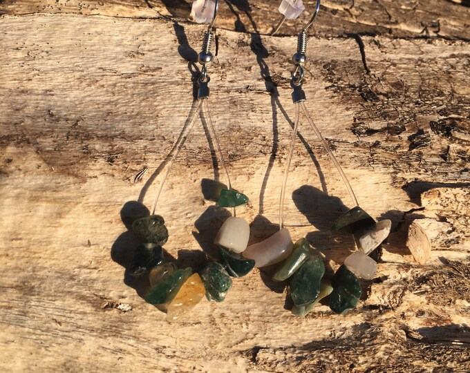 Up-Cycled Guitar String Earrings, Recycled Nylon Guitar String Jewelry, Green Jasper Chip Beads, Dangle Earrings, OOAK Musical Gift For You