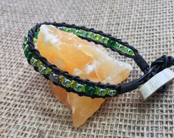Reptile Green Czech Glass Bead Bracelet: Black Leather & Deer Antler Clasp